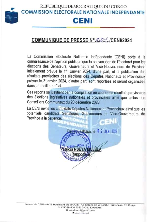 RDC : La CENI annonce le report de la publication des résultats provisoires des élections des députés nationaux et provinciaux 