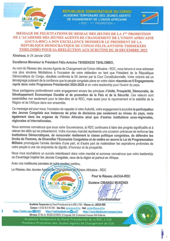 Le réseau JACUA-RDC adresse un message de Félicitations au Président Félix-Antoine Tshisekedi pour sa réélection aux scrutins du 20 décembre 2023